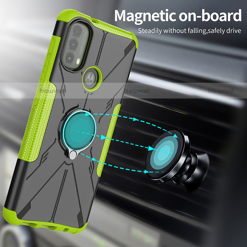 Silicone Matte Finish and Plastic Back Cover Case with Magnetic Finger Ring Stand S02 for Motorola Moto E20