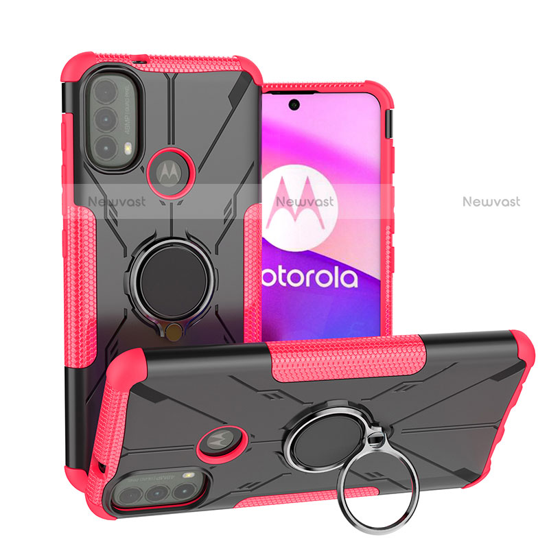 Silicone Matte Finish and Plastic Back Cover Case with Magnetic Finger Ring Stand S02 for Motorola Moto E20 Hot Pink