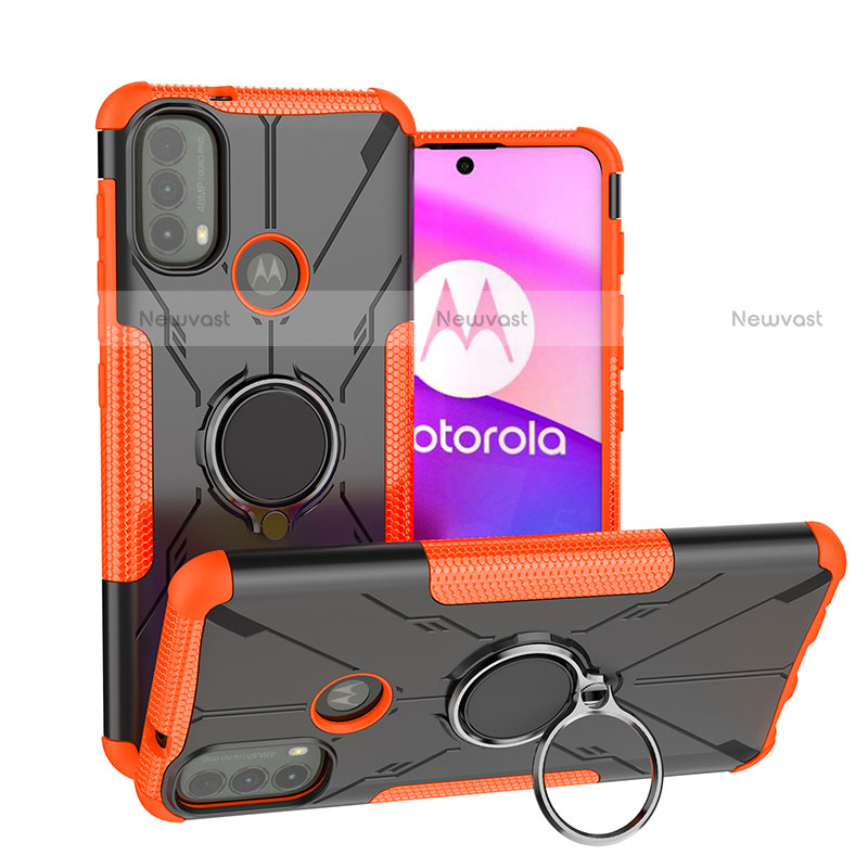 Silicone Matte Finish and Plastic Back Cover Case with Magnetic Finger Ring Stand S02 for Motorola Moto E20 Orange