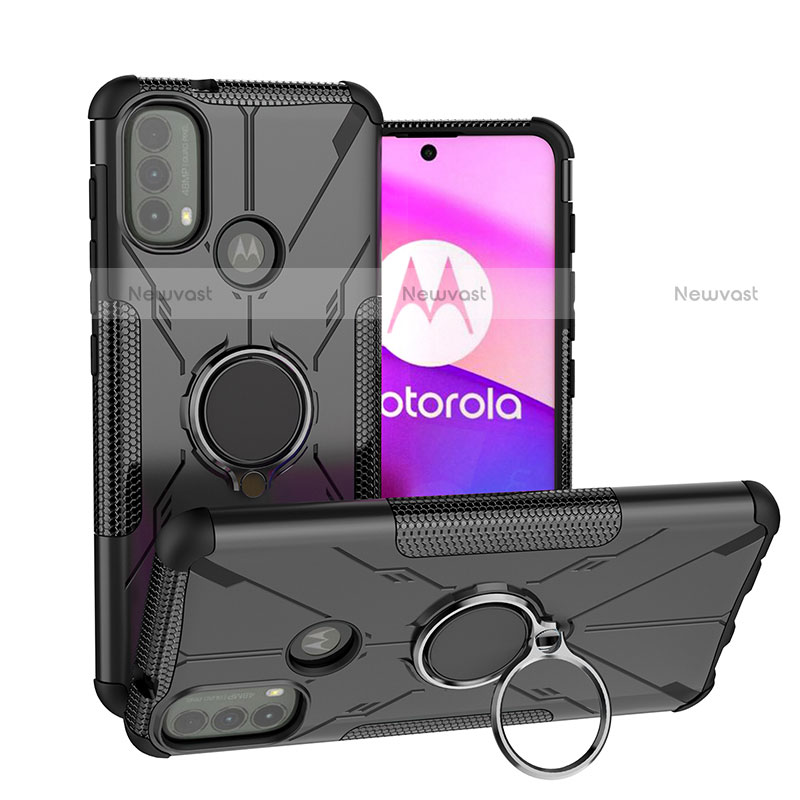 Silicone Matte Finish and Plastic Back Cover Case with Magnetic Finger Ring Stand S02 for Motorola Moto E30 Black