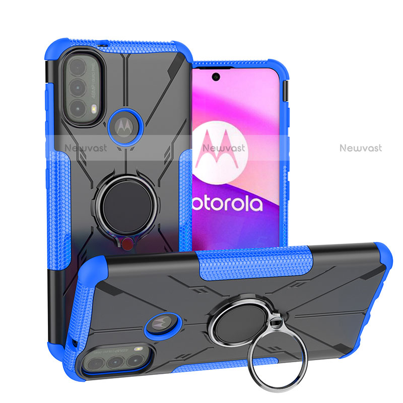 Silicone Matte Finish and Plastic Back Cover Case with Magnetic Finger Ring Stand S02 for Motorola Moto E30 Blue