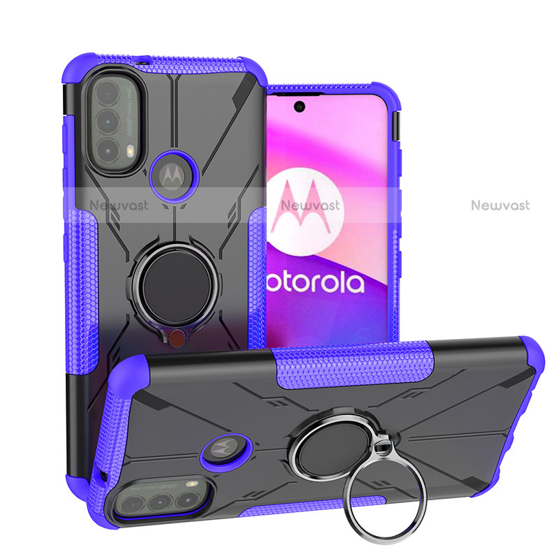 Silicone Matte Finish and Plastic Back Cover Case with Magnetic Finger Ring Stand S02 for Motorola Moto E30 Purple