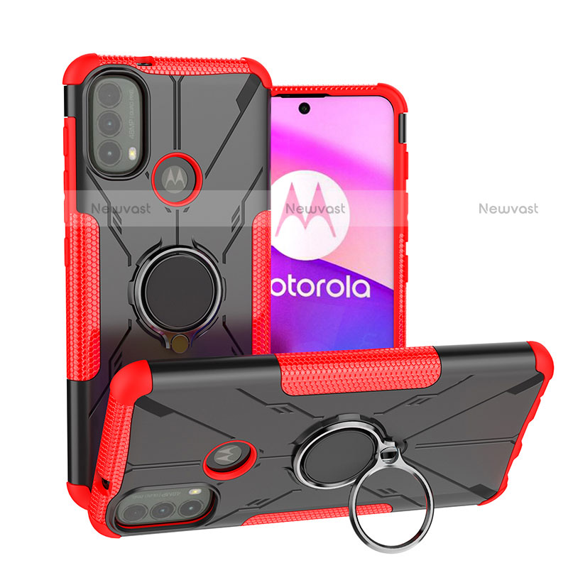 Silicone Matte Finish and Plastic Back Cover Case with Magnetic Finger Ring Stand S02 for Motorola Moto E30 Red