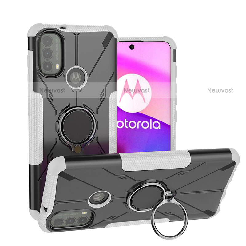 Silicone Matte Finish and Plastic Back Cover Case with Magnetic Finger Ring Stand S02 for Motorola Moto E30 White