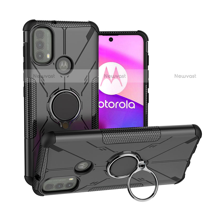 Silicone Matte Finish and Plastic Back Cover Case with Magnetic Finger Ring Stand S02 for Motorola Moto E40 Black