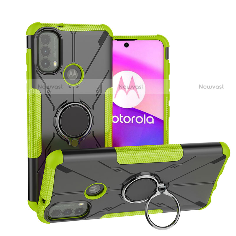 Silicone Matte Finish and Plastic Back Cover Case with Magnetic Finger Ring Stand S02 for Motorola Moto E40 Green