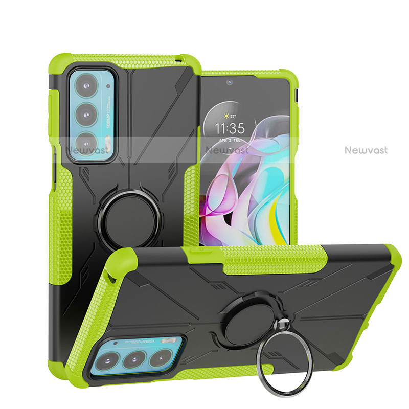 Silicone Matte Finish and Plastic Back Cover Case with Magnetic Finger Ring Stand S02 for Motorola Moto Edge 20 5G