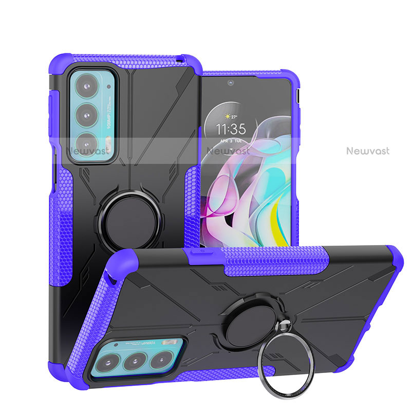 Silicone Matte Finish and Plastic Back Cover Case with Magnetic Finger Ring Stand S02 for Motorola Moto Edge 20 5G Purple