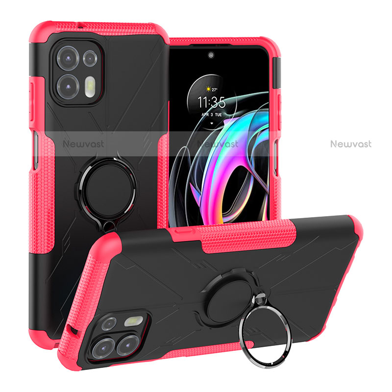 Silicone Matte Finish and Plastic Back Cover Case with Magnetic Finger Ring Stand S02 for Motorola Moto Edge 20 Lite 5G