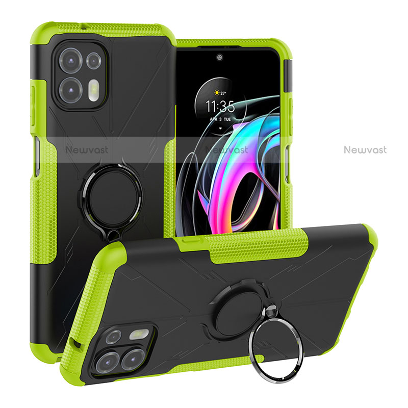 Silicone Matte Finish and Plastic Back Cover Case with Magnetic Finger Ring Stand S02 for Motorola Moto Edge 20 Lite 5G Green