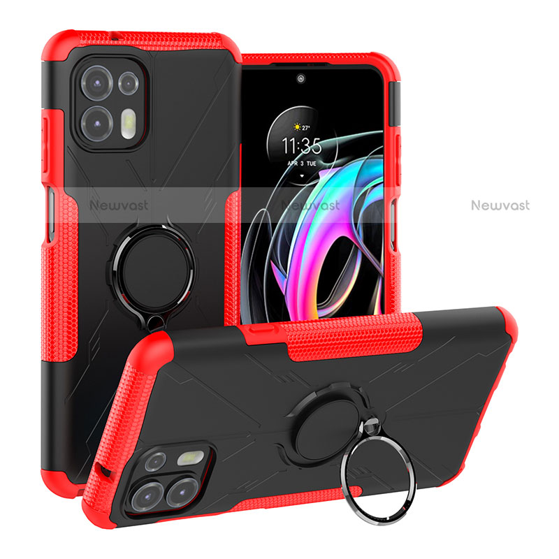 Silicone Matte Finish and Plastic Back Cover Case with Magnetic Finger Ring Stand S02 for Motorola Moto Edge 20 Lite 5G Red