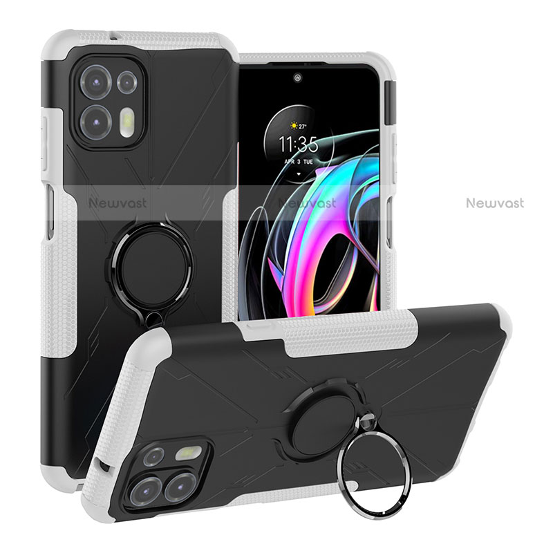 Silicone Matte Finish and Plastic Back Cover Case with Magnetic Finger Ring Stand S02 for Motorola Moto Edge 20 Lite 5G White