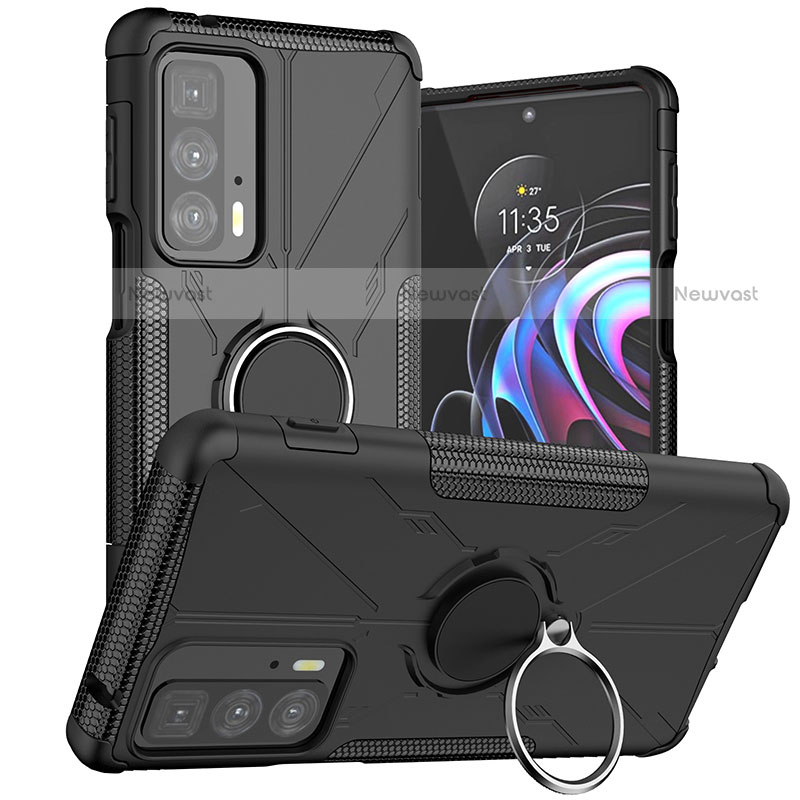 Silicone Matte Finish and Plastic Back Cover Case with Magnetic Finger Ring Stand S02 for Motorola Moto Edge 20 Pro 5G Black