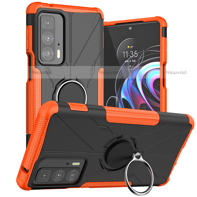 Silicone Matte Finish and Plastic Back Cover Case with Magnetic Finger Ring Stand S02 for Motorola Moto Edge 20 Pro 5G Orange