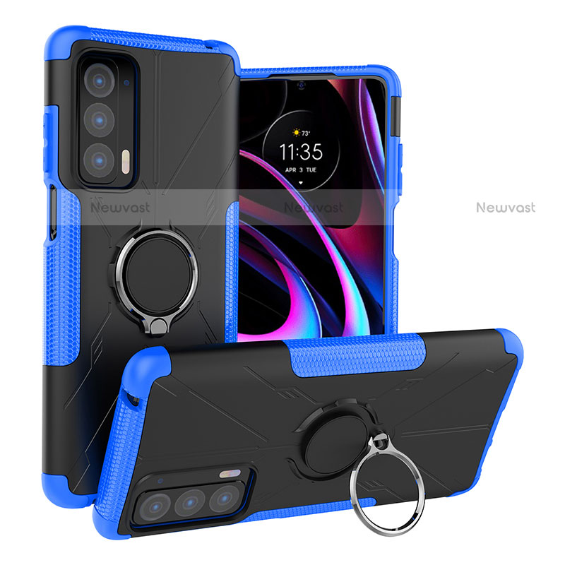 Silicone Matte Finish and Plastic Back Cover Case with Magnetic Finger Ring Stand S02 for Motorola Moto Edge (2021) 5G Blue