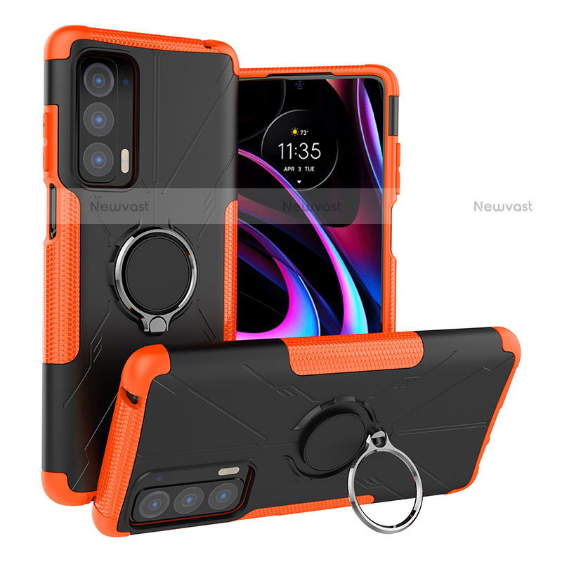 Silicone Matte Finish and Plastic Back Cover Case with Magnetic Finger Ring Stand S02 for Motorola Moto Edge (2021) 5G Orange