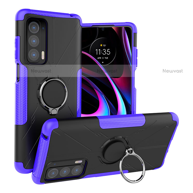 Silicone Matte Finish and Plastic Back Cover Case with Magnetic Finger Ring Stand S02 for Motorola Moto Edge (2021) 5G Purple