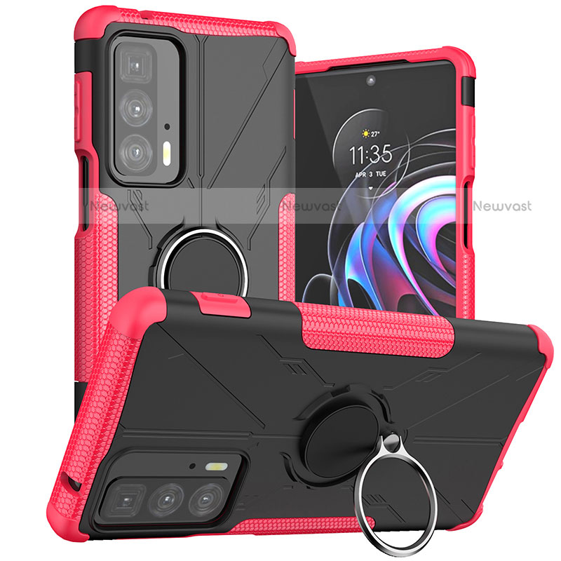 Silicone Matte Finish and Plastic Back Cover Case with Magnetic Finger Ring Stand S02 for Motorola Moto Edge S Pro 5G Hot Pink