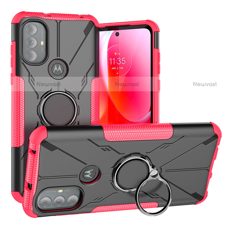 Silicone Matte Finish and Plastic Back Cover Case with Magnetic Finger Ring Stand S02 for Motorola Moto G Play (2023) Hot Pink