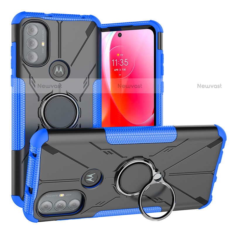 Silicone Matte Finish and Plastic Back Cover Case with Magnetic Finger Ring Stand S02 for Motorola Moto G Play Gen 2 Blue