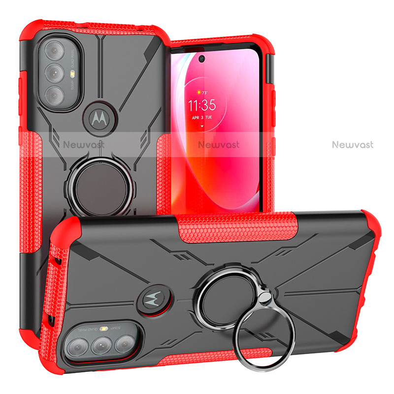 Silicone Matte Finish and Plastic Back Cover Case with Magnetic Finger Ring Stand S02 for Motorola Moto G Power (2022) Red