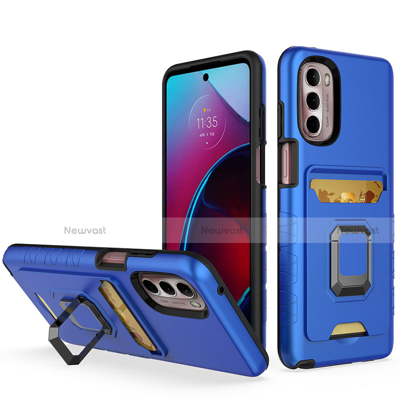 Silicone Matte Finish and Plastic Back Cover Case with Magnetic Finger Ring Stand S02 for Motorola Moto G Stylus (2022) 5G Blue