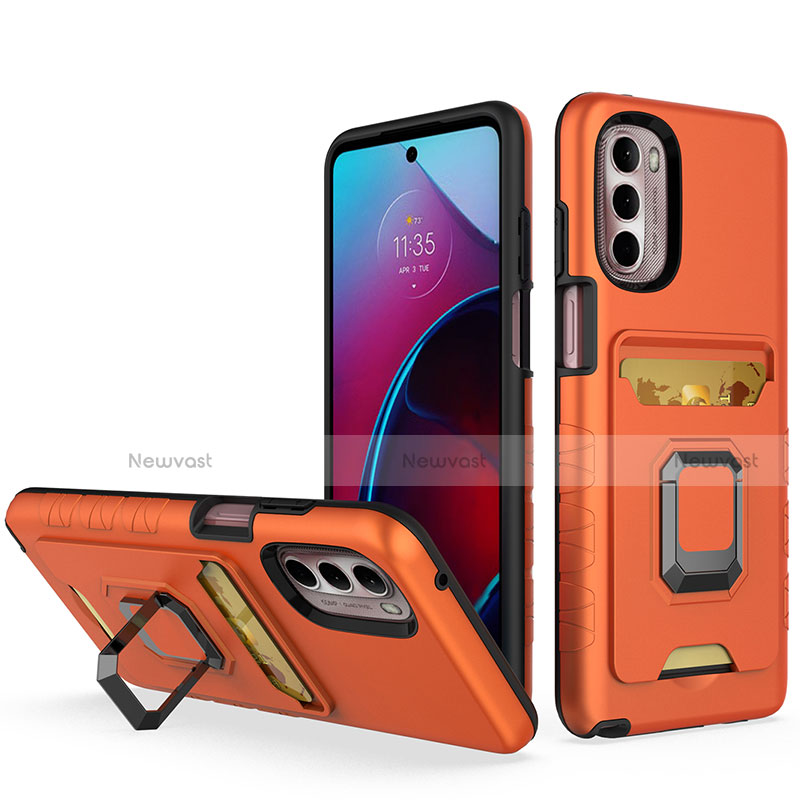 Silicone Matte Finish and Plastic Back Cover Case with Magnetic Finger Ring Stand S02 for Motorola Moto G Stylus (2022) 5G Orange