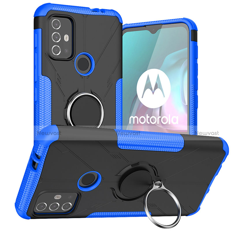 Silicone Matte Finish and Plastic Back Cover Case with Magnetic Finger Ring Stand S02 for Motorola Moto G30 Blue