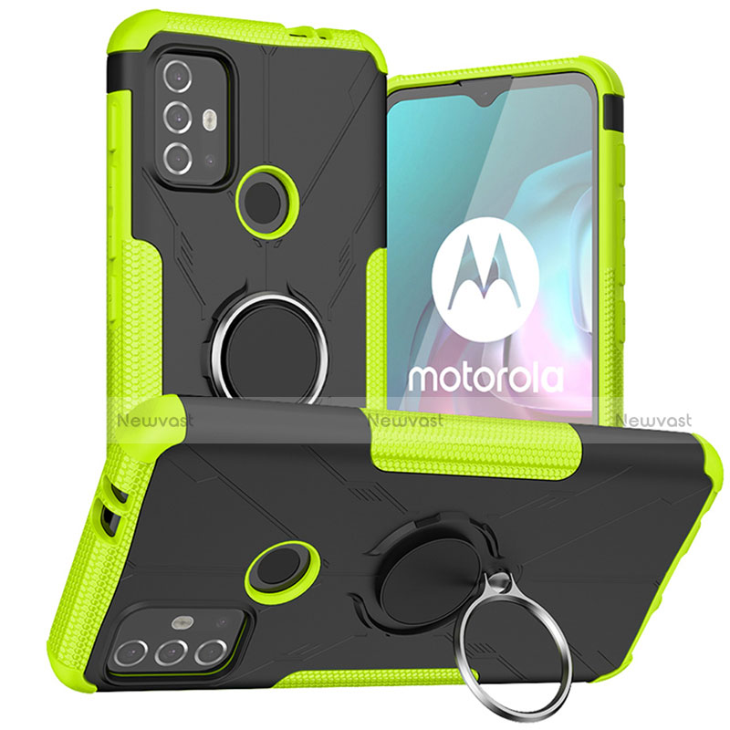 Silicone Matte Finish and Plastic Back Cover Case with Magnetic Finger Ring Stand S02 for Motorola Moto G30 Green