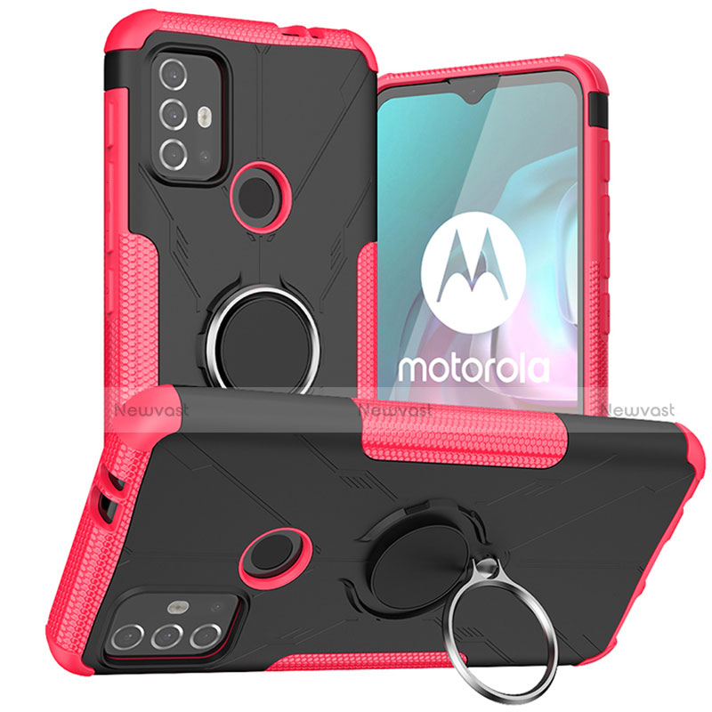 Silicone Matte Finish and Plastic Back Cover Case with Magnetic Finger Ring Stand S02 for Motorola Moto G30 Hot Pink