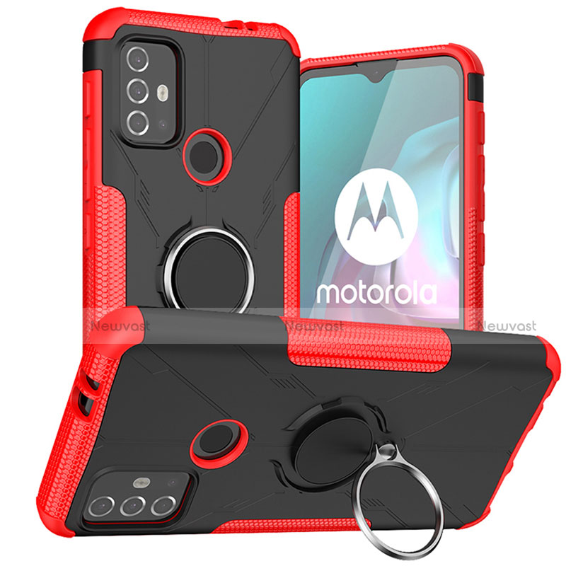 Silicone Matte Finish and Plastic Back Cover Case with Magnetic Finger Ring Stand S02 for Motorola Moto G30 Red