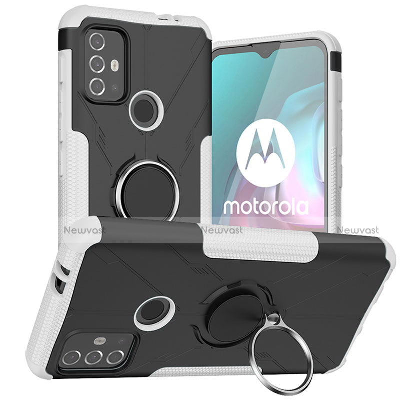 Silicone Matte Finish and Plastic Back Cover Case with Magnetic Finger Ring Stand S02 for Motorola Moto G30 White