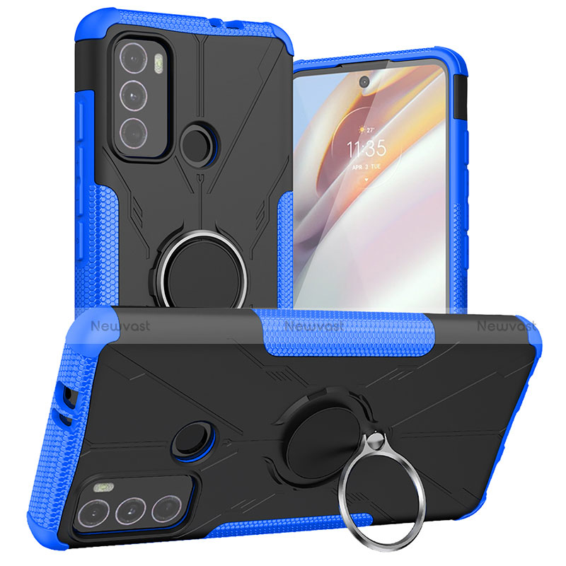 Silicone Matte Finish and Plastic Back Cover Case with Magnetic Finger Ring Stand S02 for Motorola Moto G40 Fusion Blue