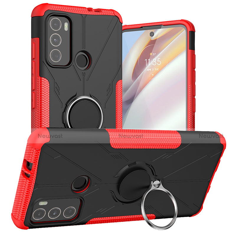 Silicone Matte Finish and Plastic Back Cover Case with Magnetic Finger Ring Stand S02 for Motorola Moto G40 Fusion Red