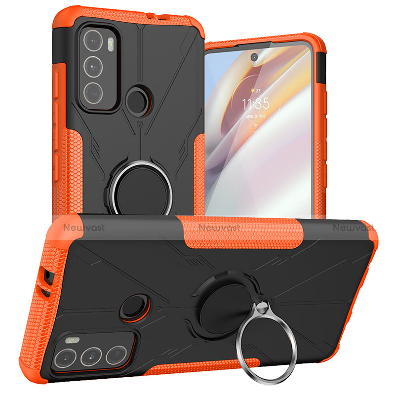 Silicone Matte Finish and Plastic Back Cover Case with Magnetic Finger Ring Stand S02 for Motorola Moto G60 Orange