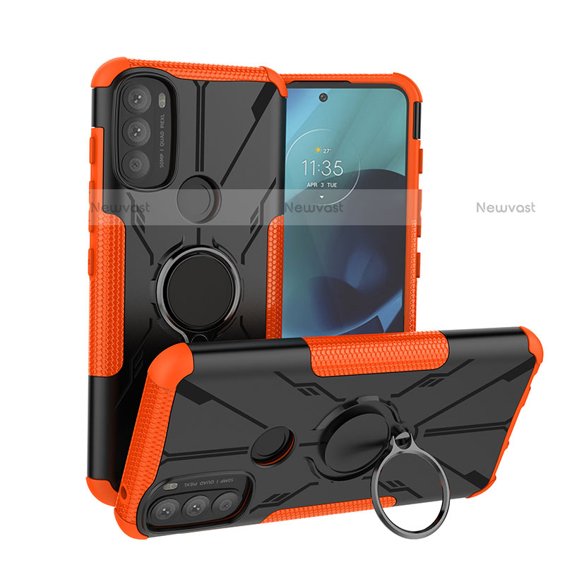 Silicone Matte Finish and Plastic Back Cover Case with Magnetic Finger Ring Stand S02 for Motorola Moto G71 5G Orange