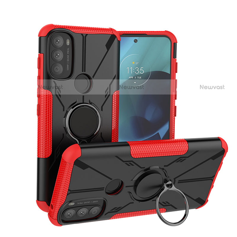 Silicone Matte Finish and Plastic Back Cover Case with Magnetic Finger Ring Stand S02 for Motorola Moto G71 5G Red