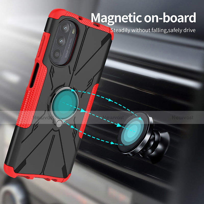 Silicone Matte Finish and Plastic Back Cover Case with Magnetic Finger Ring Stand S02 for Motorola Moto G71s 5G