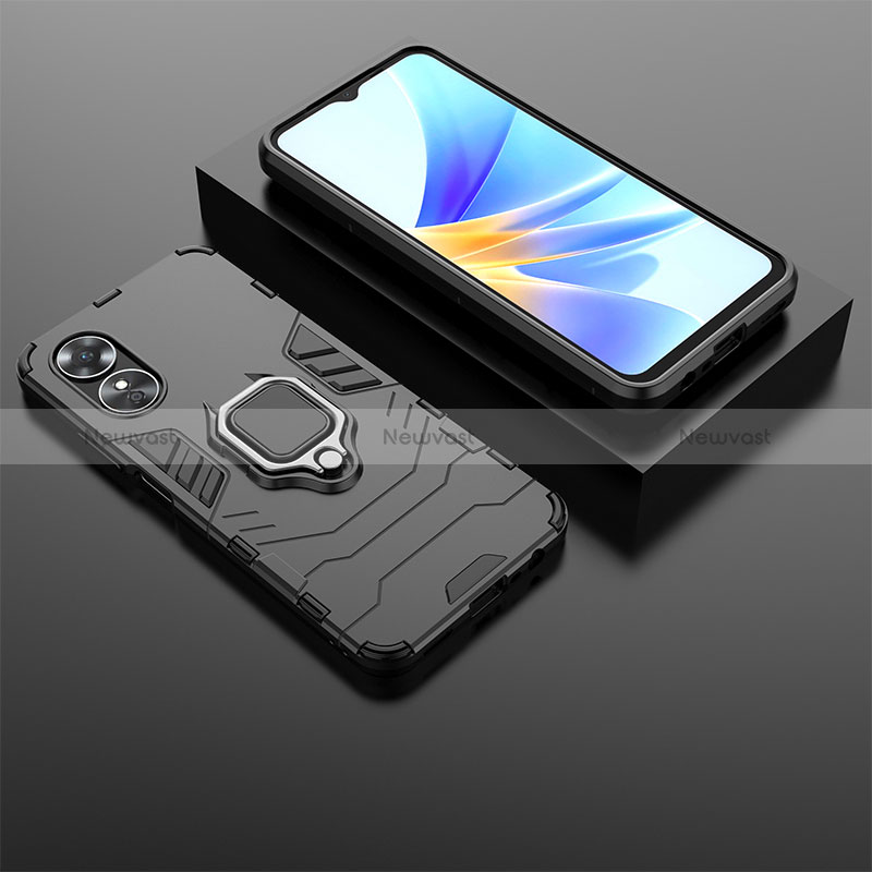 Silicone Matte Finish and Plastic Back Cover Case with Magnetic Finger Ring Stand S02 for Oppo A17 Black