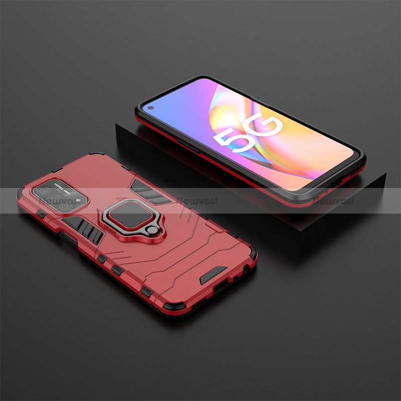 Silicone Matte Finish and Plastic Back Cover Case with Magnetic Finger Ring Stand S02 for Oppo A54 5G Red
