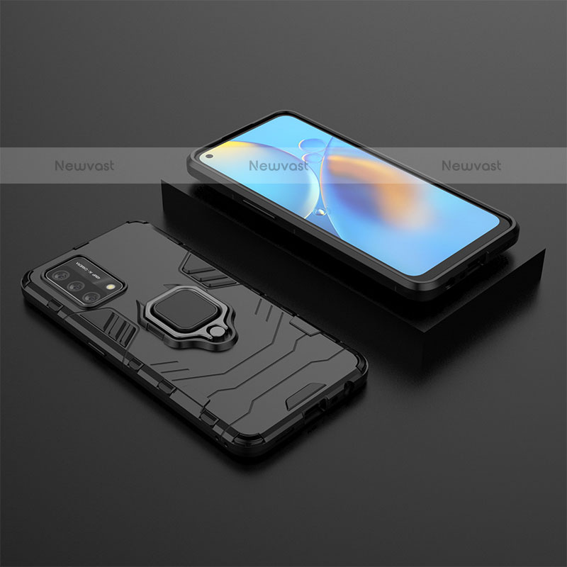 Silicone Matte Finish and Plastic Back Cover Case with Magnetic Finger Ring Stand S02 for Oppo A74 4G