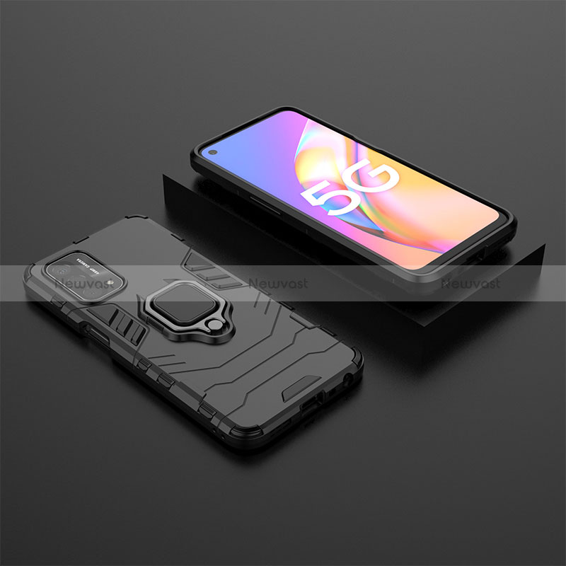 Silicone Matte Finish and Plastic Back Cover Case with Magnetic Finger Ring Stand S02 for Oppo A74 5G Black