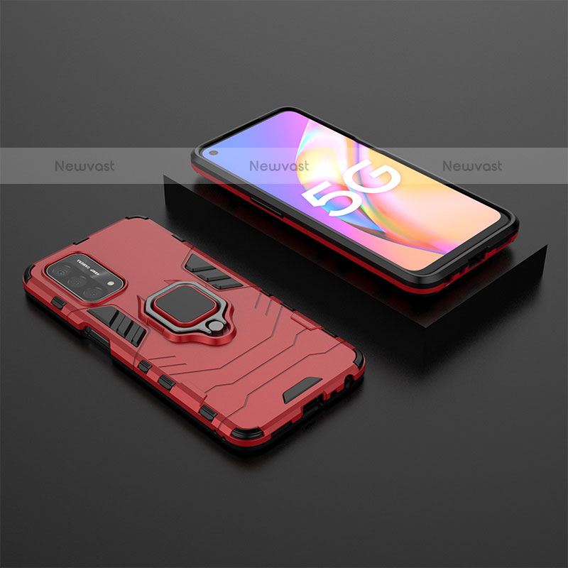 Silicone Matte Finish and Plastic Back Cover Case with Magnetic Finger Ring Stand S02 for Oppo A93 5G Red