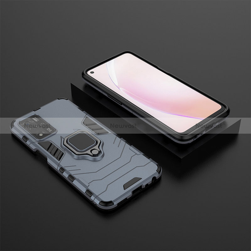 Silicone Matte Finish and Plastic Back Cover Case with Magnetic Finger Ring Stand S02 for Oppo A93s 5G Blue