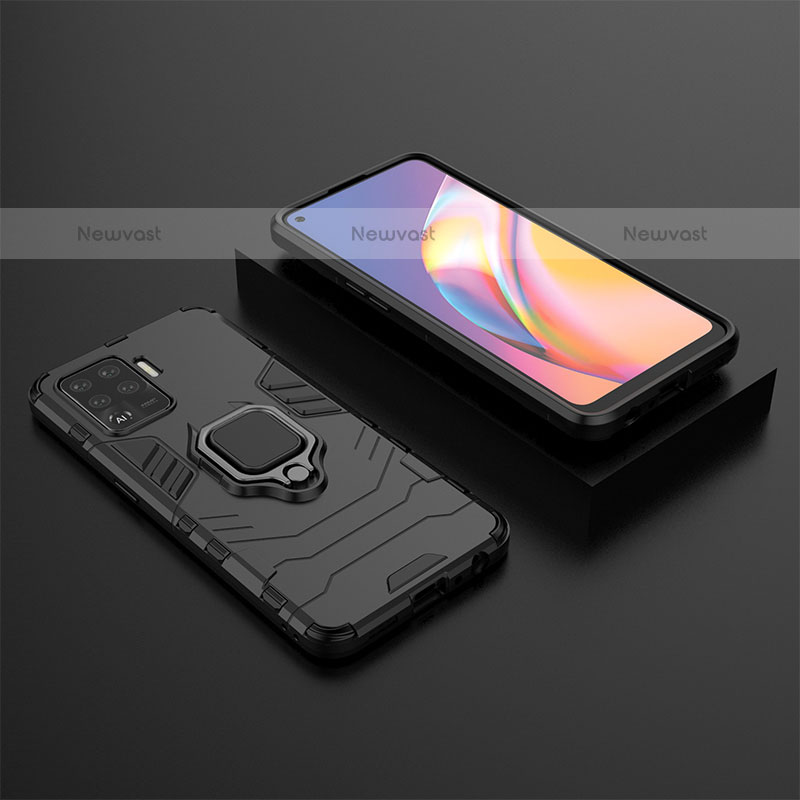 Silicone Matte Finish and Plastic Back Cover Case with Magnetic Finger Ring Stand S02 for Oppo A94 4G Black