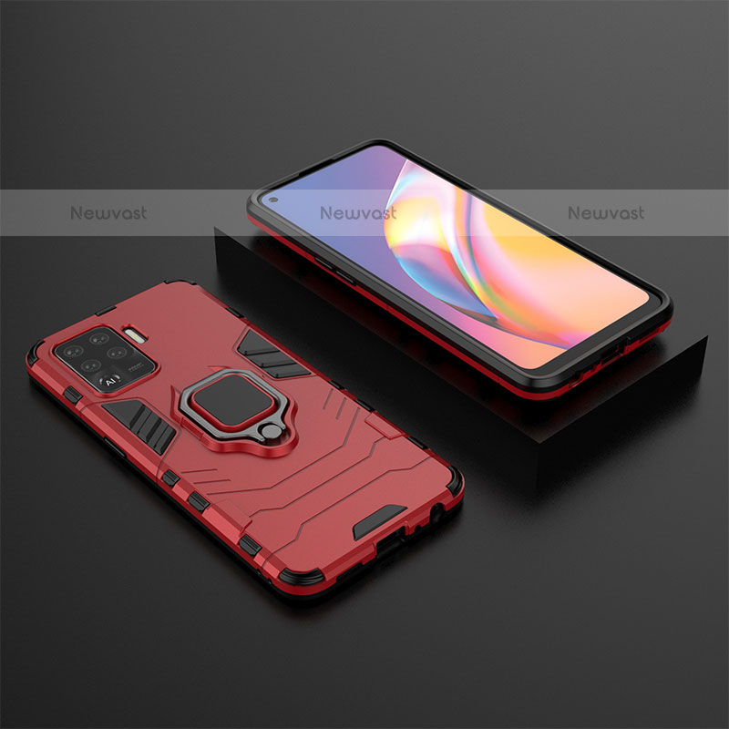 Silicone Matte Finish and Plastic Back Cover Case with Magnetic Finger Ring Stand S02 for Oppo A94 4G Red