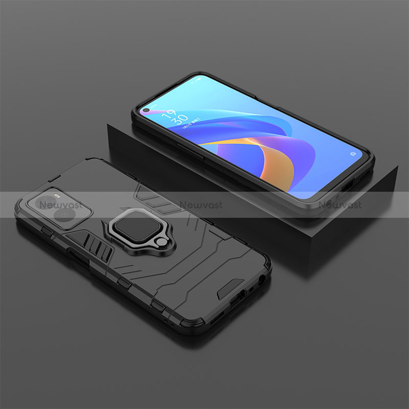 Silicone Matte Finish and Plastic Back Cover Case with Magnetic Finger Ring Stand S02 for Oppo A96 4G Black