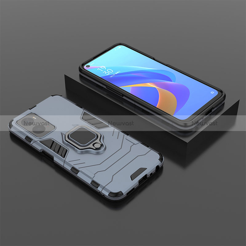 Silicone Matte Finish and Plastic Back Cover Case with Magnetic Finger Ring Stand S02 for Oppo A96 4G Blue