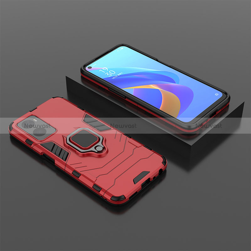 Silicone Matte Finish and Plastic Back Cover Case with Magnetic Finger Ring Stand S02 for Oppo A96 4G Red