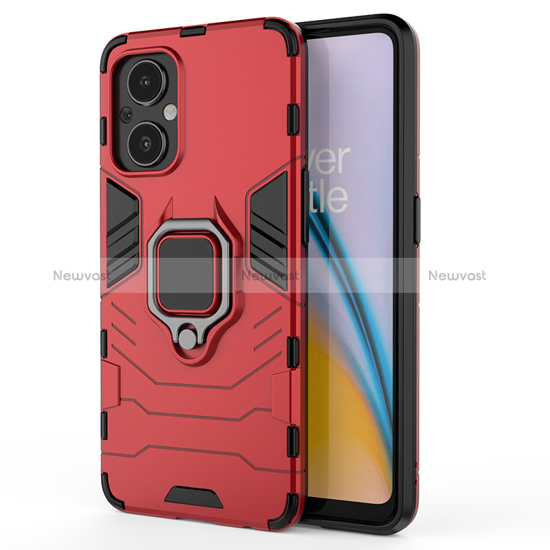 Silicone Matte Finish and Plastic Back Cover Case with Magnetic Finger Ring Stand S02 for Oppo A96 5G Red